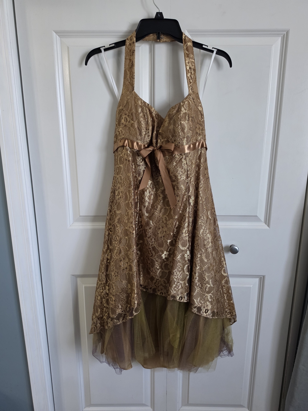 Betsy & Adam Gold Lace Halter High-Low Dress with Satin Bow gold & maroon tulle